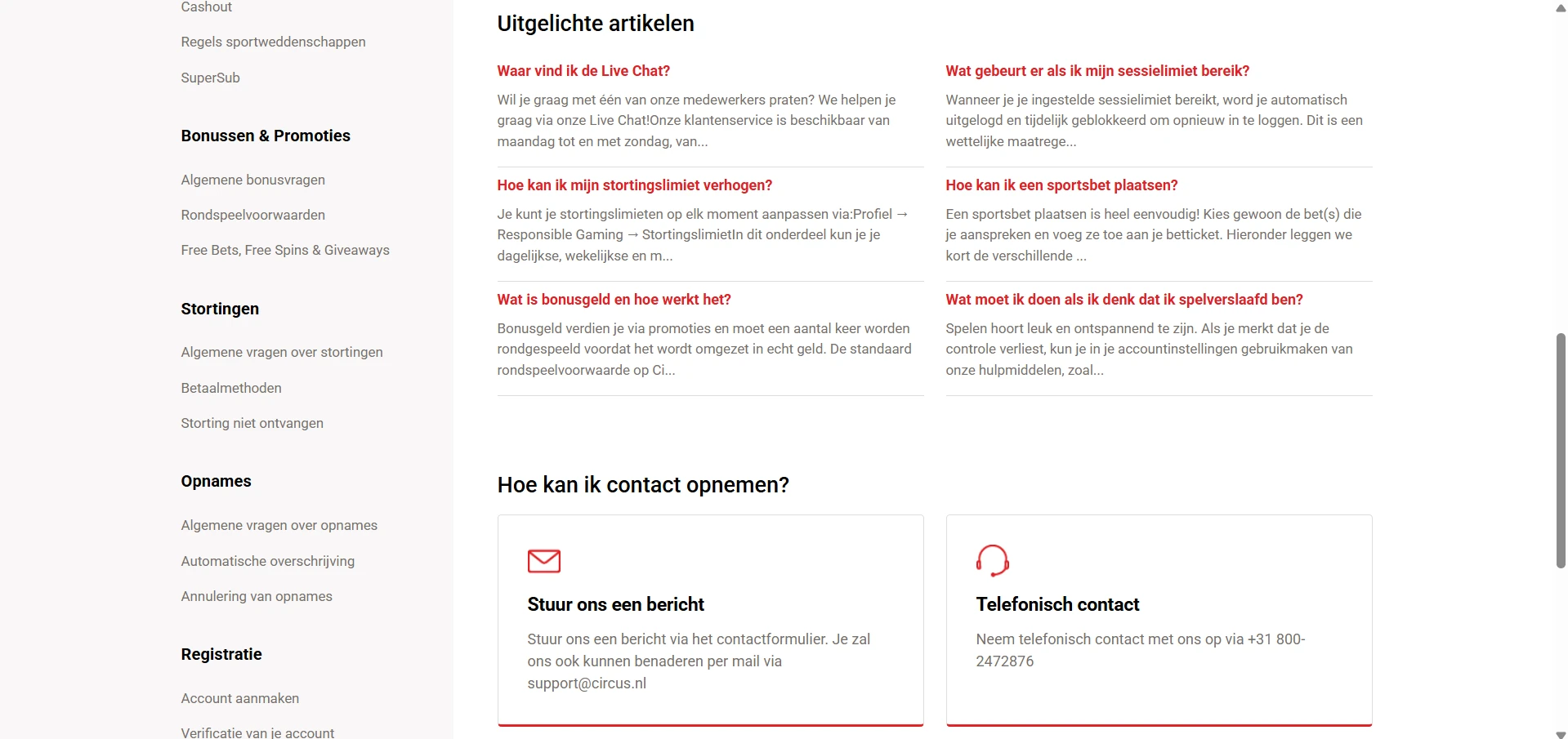 Contactpagina van Circus Casino met de live chat en het e-mailadres