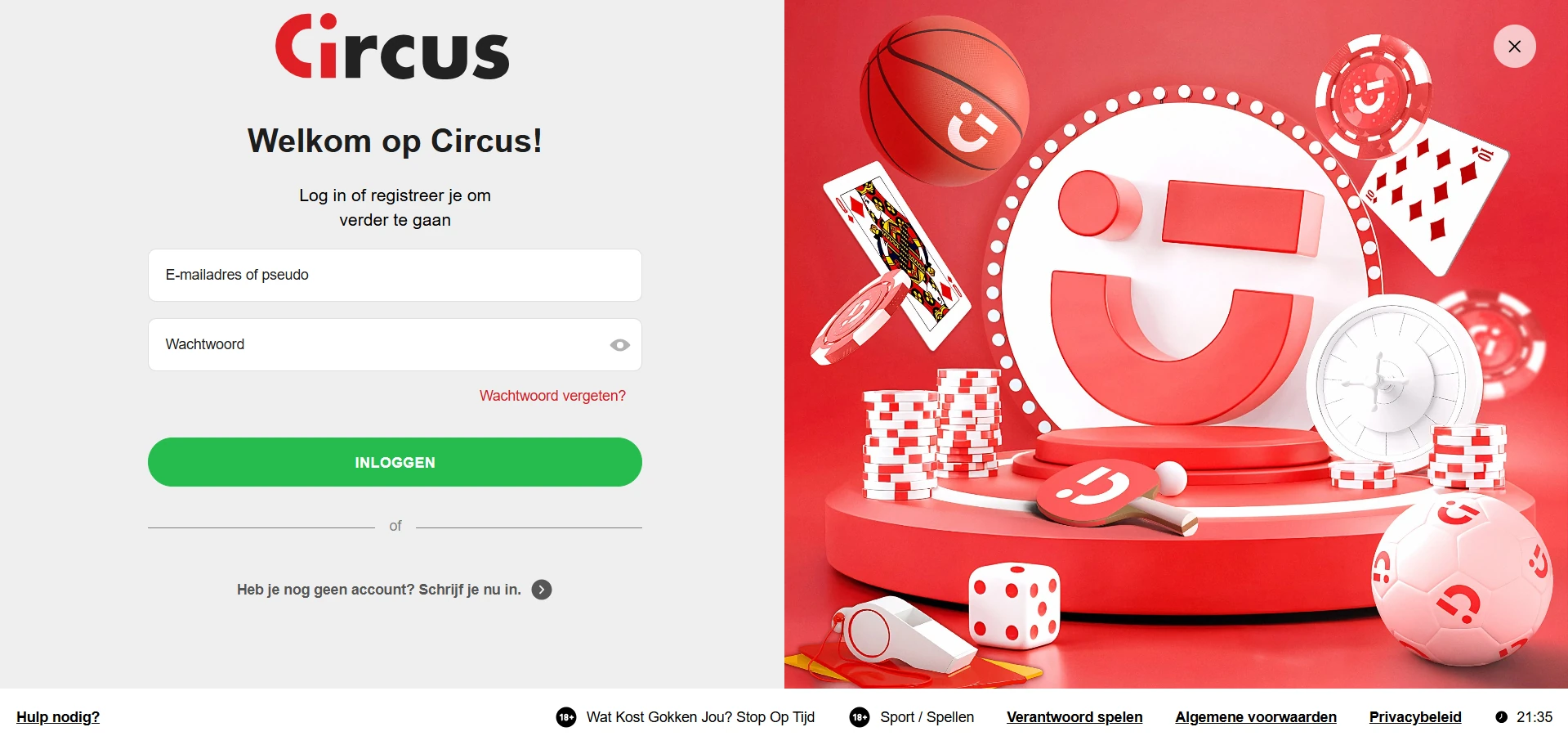 Inlogscherm van Circus Casino met velden voor e-mailadres en wachtwoord